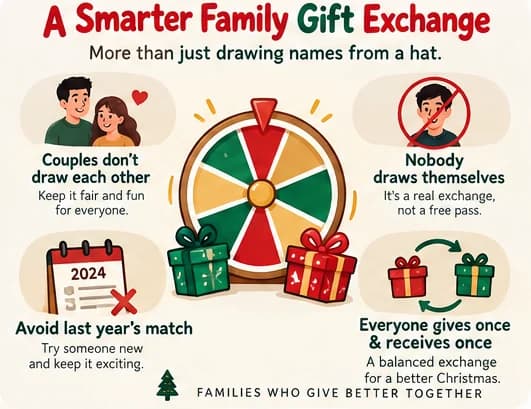 Four rules a hat cannot follow: couples do not draw each other, nobody draws themselves, last year’s match is avoided, and everyone gives once and receives once.
