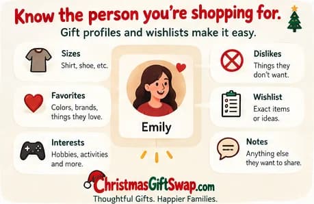 A gift profile holds sizes, favorites, interests, things they would rather not be given, a wishlist, and any notes.